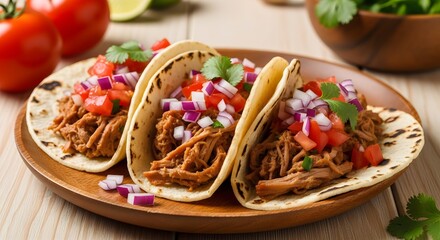 Three Shredded Meat Tacos with Tomato and Onion Topping