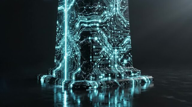 Black marble monolith featuring a glowing blue vertical light, creating a strong reflection on a dark, reflective floor, a futuristic and abstract conceptual design