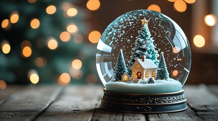 A photo of a crystal-clear glass snow globe with a meticulously designed miniature Christmas tree adorned with delicate ornaments and a small snow-covered house inside.