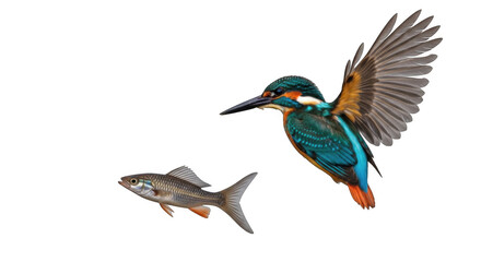 Obraz premium Vibrant kingfisher bird captures small fish in dramatic mid-air hunt