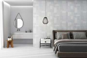 Luxury bedroom design interior with tiled backdrop and elegant decor tones, bathroom partition behind with bedroom interior. Mockup. 3D Rendering