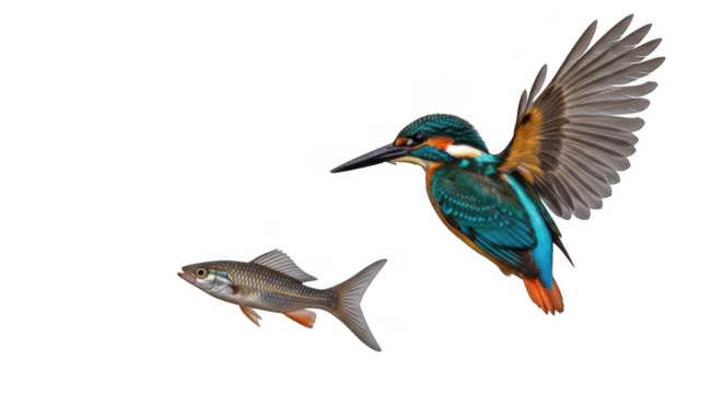 Vibrant kingfisher bird captures small fish in dramatic mid-air hunt