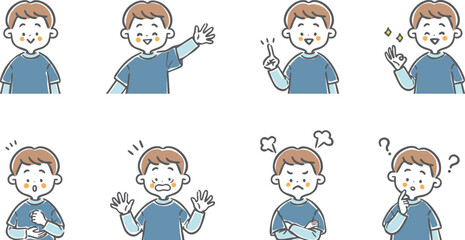 Fototapeta premium いろんな表情の男の子イラストセット 上半身 ベクター 