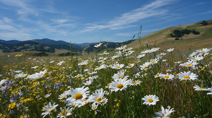 White and yellow wildflowers bloom under a blue sky daisies yellow flowers