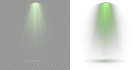 Stage lighting creates dramatic beams in concert visuals. Floodlight beam, illuminated spotlights. Transparent background. Concert lighting set includes soft beams. Vector Spotlights. Light Effects.