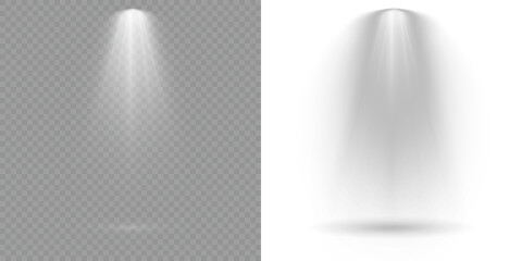 Transparent allows seamless web or poster use. Stage spotlights emit strong white directional light beams. Reflections add depth to spotlight scenes on floor. Scene. Row of spotlights. Light Effects.