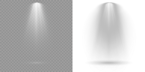 Transparent allows seamless web or poster use. Stage spotlights emit strong white directional light beams. Reflections add depth to spotlight scenes on floor. Scene. Row of spotlights. Light Effects.