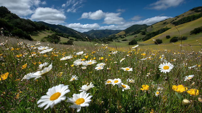White and yellow wildflowers bloom in a green valley under a blue sky daisies yellow flowers