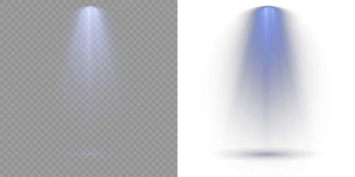 Projection studio lights beam. Light sources, concert lighting, stage spotlights. Vector Spotlights. Stage spotlights emit strong white directional light beams. Light Effects. Transparent background.