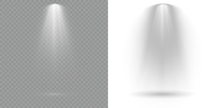 Transparent allows seamless web or poster use. Stage spotlights emit strong white directional light beams. Reflections add depth to spotlight scenes on floor. Scene. Row of spotlights. Light Effects. - Powered by Adobe