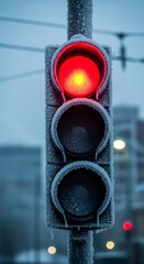 Red traffic light covered in ice and frost on a cold winter day. Road safety and harsh weather condition concept a copy space.