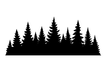 Obraz premium Black silhouette of a dense coniferous forest border line isolated on white
