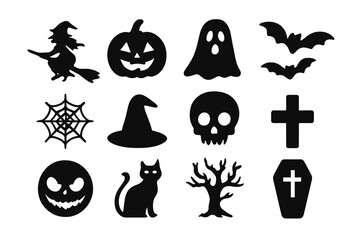Spooky Halloween silhouettes including witch, jack-o-lantern, ghost, bats, skull, and black cat
