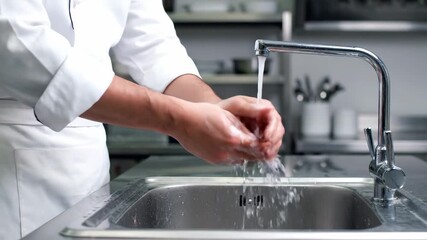 Chef washing hands with soap and water in a professional kitchen environment