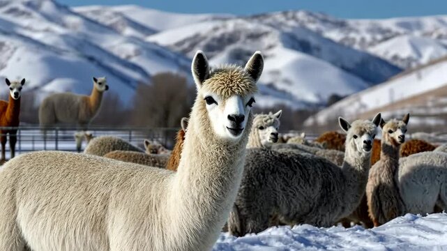 Beautiful alpacas grazing peacefully in snowy mountains during winter