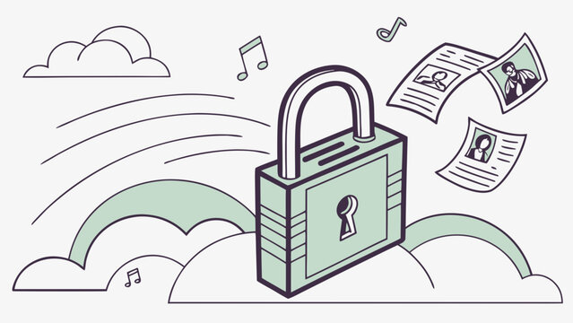 Privacy concept illustration: Secure data protection, safety padlock and personal information with music notes and cloud