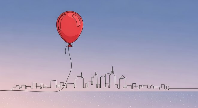 Whimsical red balloon soaring above city skyline against colorful sky, perfect for dreamers and urban adventures, inspiring hope and playful creativity - Powered by Adobe