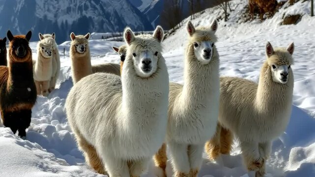 Stunning llamas roam freely in snow-covered mountains showcasing their beauty and charm during a bright winter day in the Andes