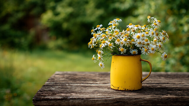 White daisies in yellow enamel mug on rustic wood table white flowers yellow mug - Powered by Adobe