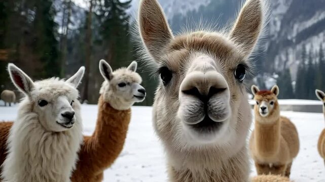Llamas enjoying a snowy day in the mountains with stunning scenery and playful interactions among the group