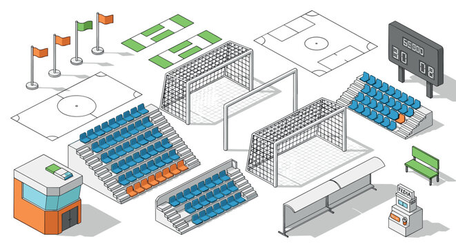 Isometric soccer stadium elements with stands and scoreboard
