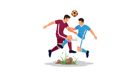 Soccer players competing for ball in midair on field in dynamic action motion