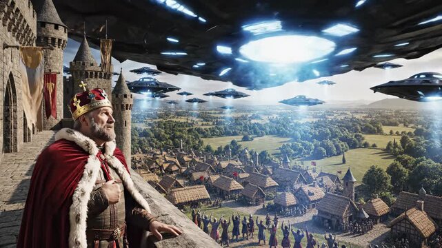 King standing on a castle rampart, pointing at numerous flying saucers hovering over a medieval village with villagers looking up, experiencing an alien invasion