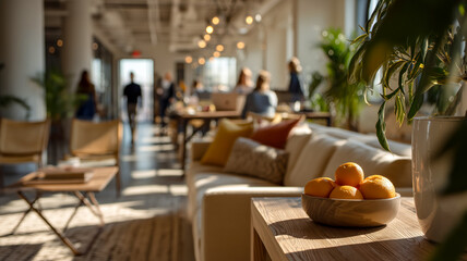 Sunlit, open-plan office featuring a collaborative workspace and a relaxing lounge area, enhanced by natural light and indoor greenery.