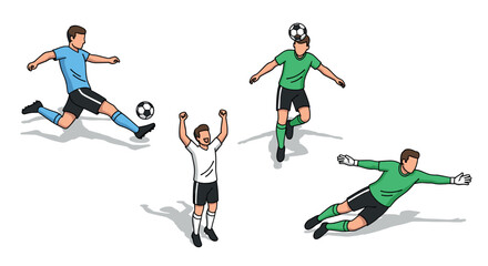 Fototapeta premium Dynamic soccer players in action: kicking, celebrating, and goalkeeping