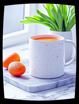 A close-up shot of a speckled white mug filled with an orange beverage, placed on a marble slab next to two whole oranges, with a green plant in a white pot beh