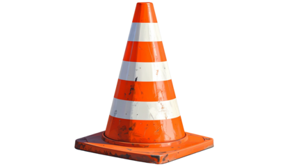 A bright orange traffic cone isolated on a white background, perfect for road safety, construction, or warning-themed designs.