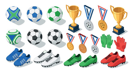 Fototapeta premium Isometric sports equipment collection with balls, trophies, medals, gloves, shoes