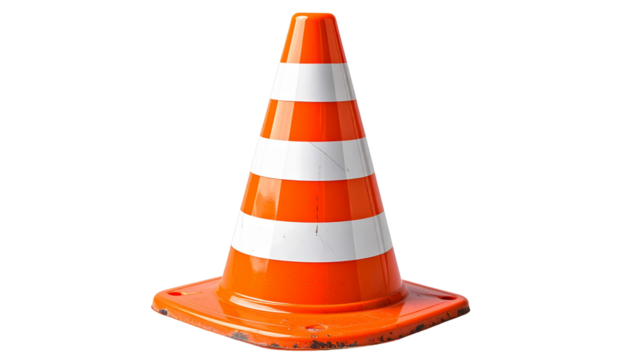 A bright orange traffic cone isolated on a white background, perfect for road safety, construction, or warning-themed designs.