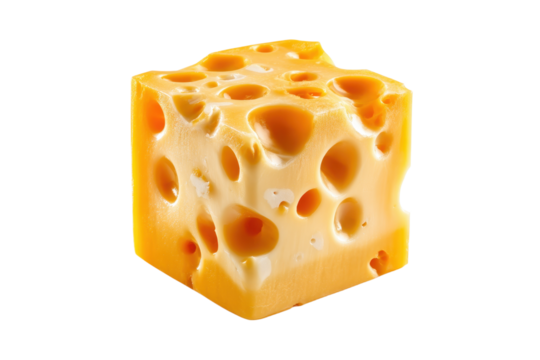 Cube of Yellow Swiss Cheese with Many Holes on Transparent Background