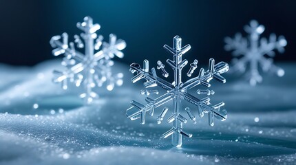 A photo of intricate delicate artificial snowflakes made from transparent glass and crystal materials with subtle sparkle and reflectivity placed on a textured frosted glass surface.