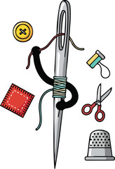 Close Up Needle And Thread With Scissors Thimble Button And Fabric Patch