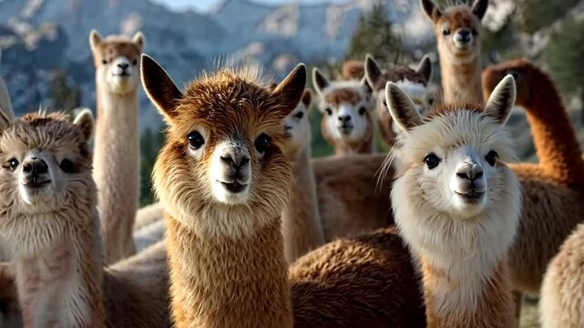 Group of friendly llamas enjoying a sunny day in the mountains, close-up view of their expressive faces and fluffy fur