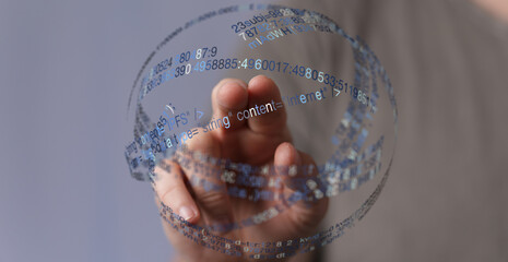 A hand cradles a digital sphere with floating code. Represents concepts like data, network, and internet connection. Perfect for tech
