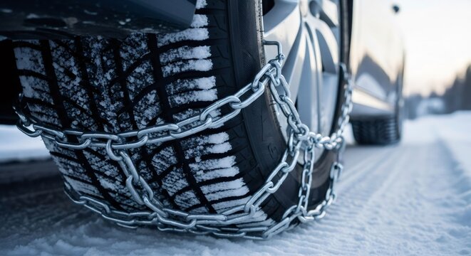 Car wheel with snow chain detail standing on winter road. Driving safety in snowy conditions. Transportation concept for severe winter weather.