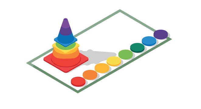 Colorful geometric children's toy pyramid with shadow on white background