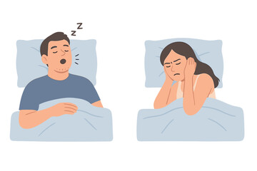 Frustrated woman covering ears unable to sleep due to partner's loud snoring in bed