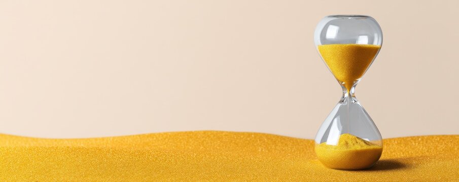Hourglass with flowing yellow sand against a soft neutral background and golden granular surface