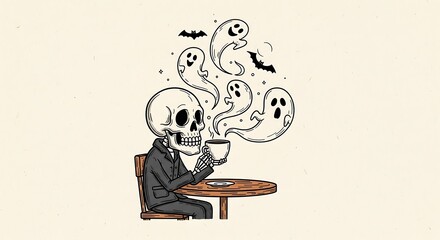Spooky skeleton sipping coffee as ghosts float above in a funny Halloween cartoon, perfect for holiday cards and social media posts this autumn season
