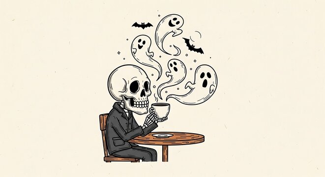 Spooky skeleton sipping coffee as ghosts float above in a funny Halloween cartoon, perfect for holiday cards and social media posts this autumn season