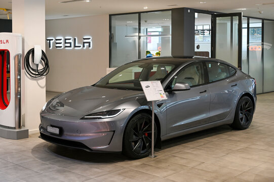 GENEVA - OCT 14: TESLA model 3 in showroom on October 14. 2025 in Switzerland