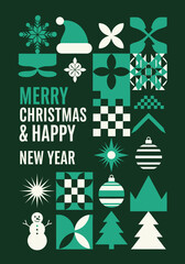 Modern Merry Christmas and Happy New Year greeting card with geometric shapes, snowflakes, tree, and festive icons in green tones. Perfect for holiday design and winter celebration themes.