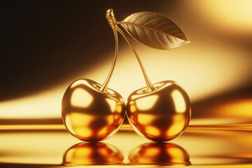 Obraz premium Shiny golden cherries with stem and leaf reflected on golden surface