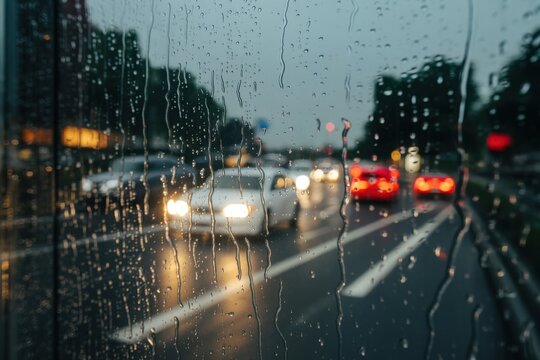 Raindrops on window with blurred traffic lights on a grey day