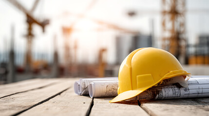 Yellow hard hat and blueprints on wooden surface at construction site building cranes