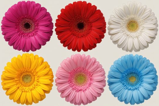Six gerbera daisies of different colors isolated on plain background